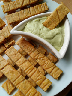 A picture of Vickys Herb & Chickpea 'Fries' with Garlic & Avocado Aioli, Gluten, Dairy, Egg, Soy & Nut-Free.