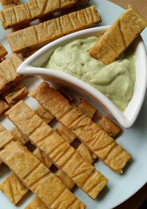 A picture of Vickys Herb & Chickpea 'Fries' with Garlic & Avocado Aioli, Gluten, Dairy, Egg, Soy & Nut-Free.