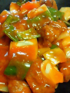 A picture of Non-Fried Sweet and Sour Pork with Cubed Meat.