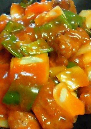 A picture of Non-Fried Sweet and Sour Pork with Cubed Meat.