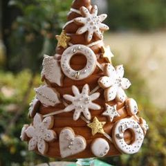 A picture of A White Christmas Tree Made of Bread.