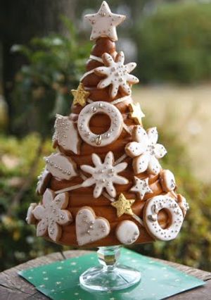 A picture of A White Christmas Tree Made of Bread.
