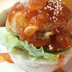 Vegetarian Burger with Sweet & Sour Sauce A picture of Vegetarian Burger with Sweet & Sour Sauce.