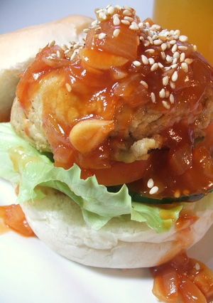 A picture of Vegetarian Burger with Sweet & Sour Sauce.