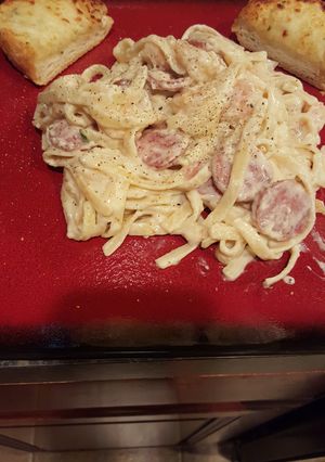 A picture of Spicy Shrimp and Sausage Alfredo.