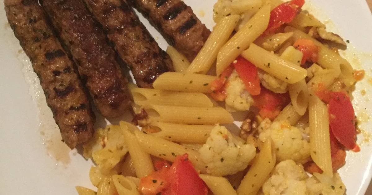 Hungry late lunch... Kebabs with penne pasta Recipe by joannakiii - Cookpad