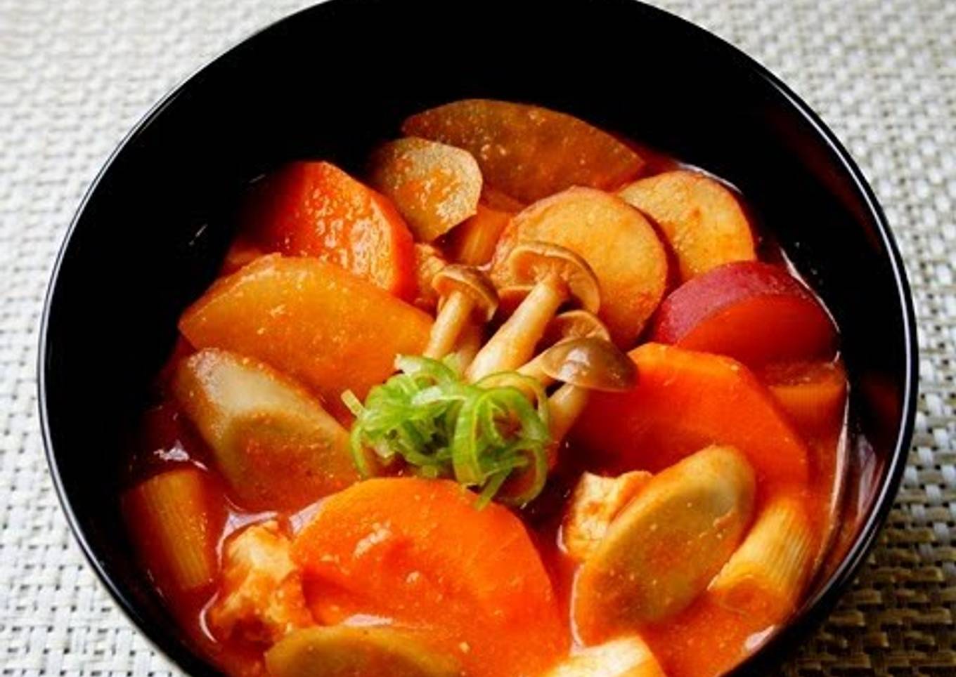 Autumn soup with vegetables including tomatoes and miso