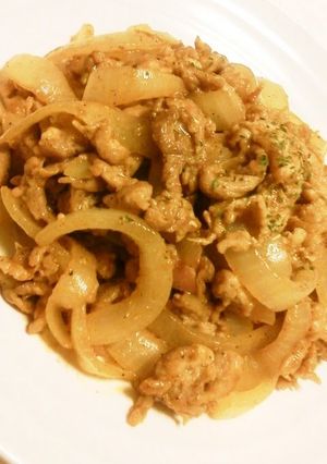 A picture of Simple Chopped Pork and Onion Curry Flavored Stir-Fry.