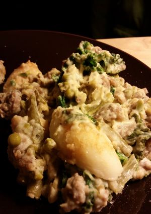 A picture of Beer Mustard Chorizo Kale bake.