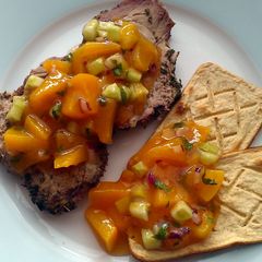 A picture of Vickys Cucumber & Peach Salsa, GF DF EF SF NF.