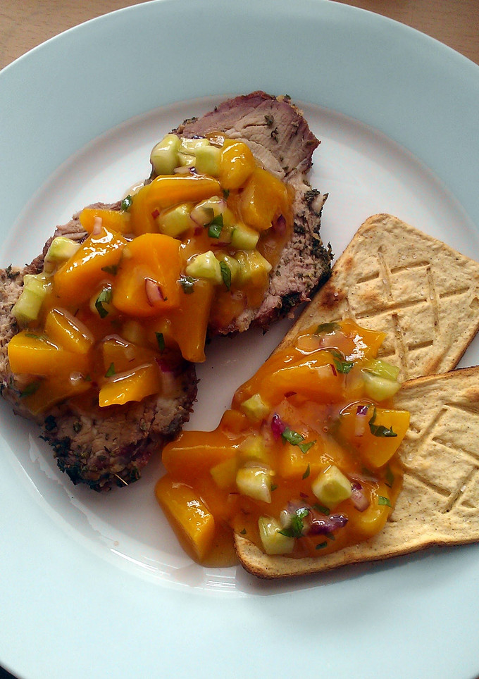 A picture of Vickys Cucumber & Peach Salsa, GF DF EF SF NF.