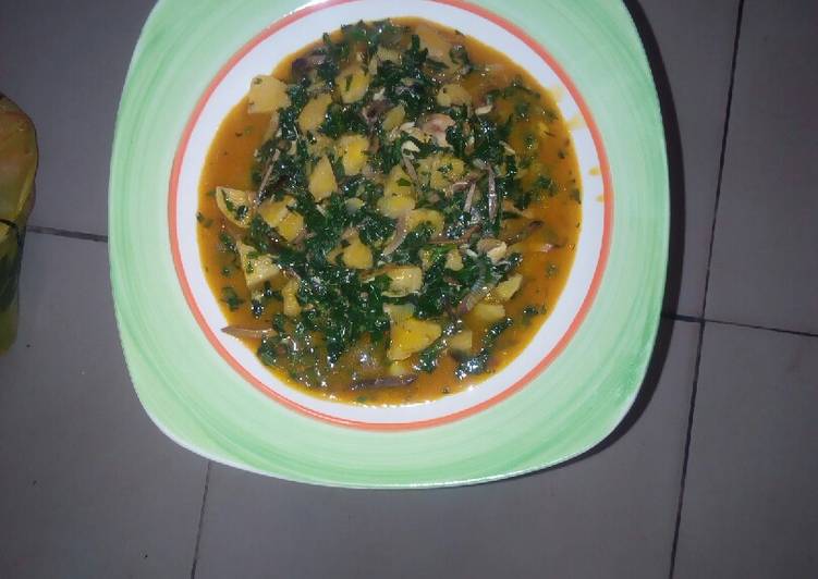 Plantain porridge with ugu leaves