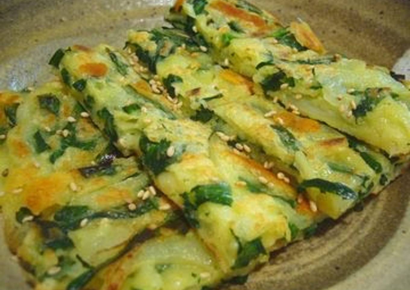 Jijimi (Korean Savory Pancakes) with Chinese Chives and Cheese