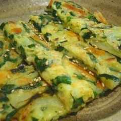 A picture of Jijimi (Korean Savory Pancakes) with Chinese Chives and Cheese.