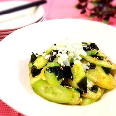 Korean-Style Salad with Peeled Cucumbers and Wakame Seaweed A picture of Korean-Style Salad with Peeled Cucumbers and Wakame Seaweed.