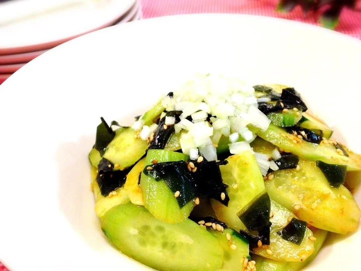 Easy Way Make Recipe Korean-Style Salad with Peeled Cucumbers and Wakame Seaweed that is Delicious, Tasty}
