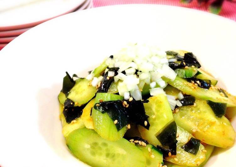 Korean-Style Salad with Peeled Cucumbers and Wakame Seaweed