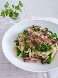 A picture of Japanese-style Pasta with Broccolini and Bacon.