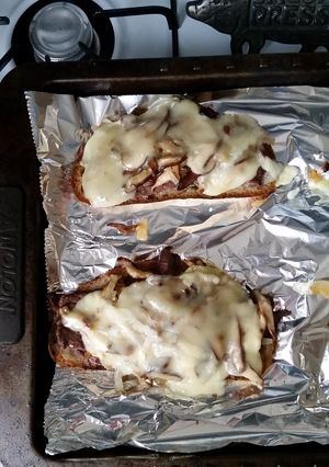 A picture of Open-faced Philly Steak Sandwiches.