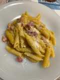 Pennette with Pancetta, Yellow Cherry Tomato Sauce, and Pecorino (Fake Carbonara)