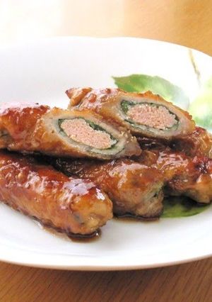 A picture of Teriyaki Pork Shiso and Mentaiko Rolls.