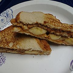 A picture of Apple butter peanut butter cashew butter banana sandwich.