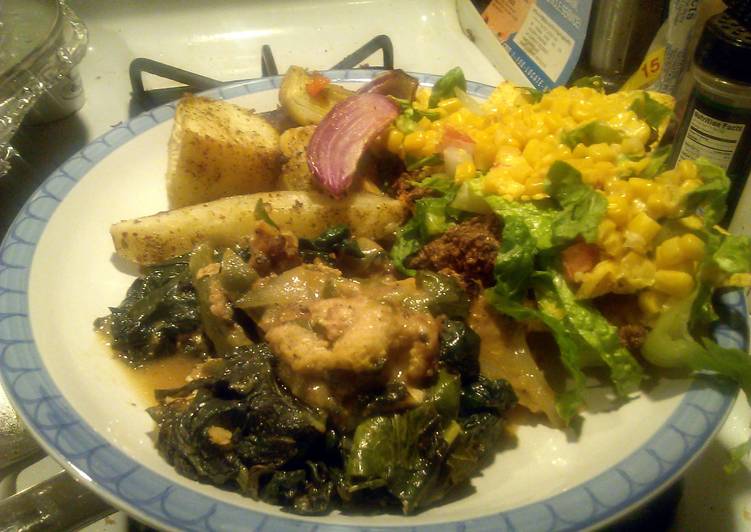 sauteed catfish nuggets with spinach. and Green peppers