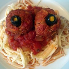 Vickys Halloween Spaghetti & Eyeballs (Meatballs) GF DF EF DF NF A picture of Vickys Halloween Spaghetti & Eyeballs (Meatballs) GF DF EF DF NF.