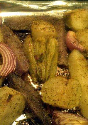 A picture of roasted Fennel rhodiola and potato veagán style vegatables.