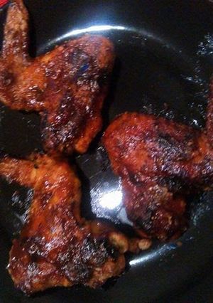 A picture of Sticky but crunchy honey, pineapple,BBQ wings..