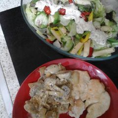 A picture of My Baked Chicken with Mustard Mushroom Sauce and Side Salad 😊.