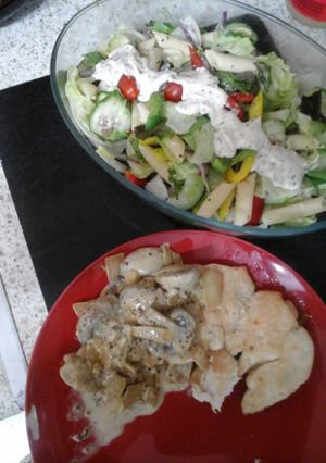 A picture of My Baked Chicken with Mustard Mushroom Sauce and Side Salad 😊.