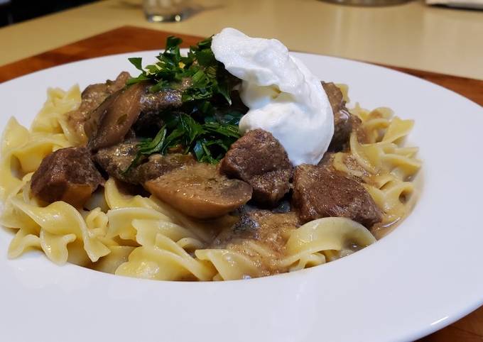 Beef Stroganoff Over Buttered Noodles