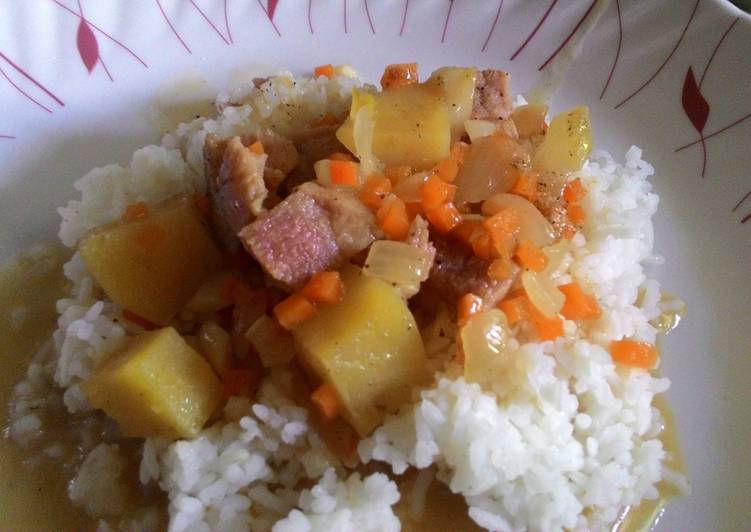 Recipe of Super Quick Homemade Leftover Ham with Cheese and Potatoes over rice