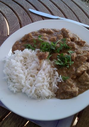 A picture of Spanish pork in almond sauce.