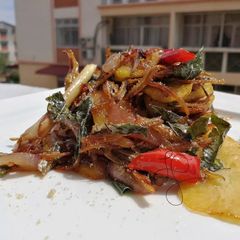 A picture of Spicy Dried Anchovies And Potato In Soy Mustard Sauce.