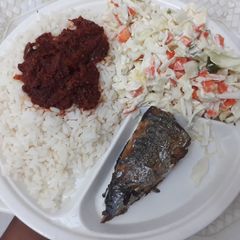 A picture of Rice and stew with coleslaw and fried fish.