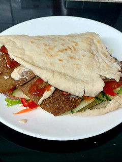 A picture of Kebab Meat in a Pitta bread with Tahini Sauce.🤗.