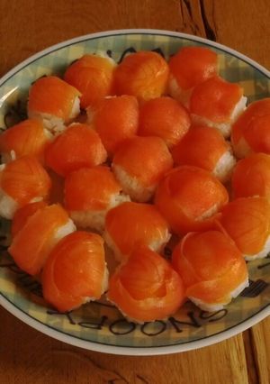 A picture of Smoked Salmon Temarizushi with Leftover Rice.