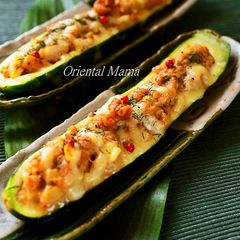 A picture of Baked Zucchini with Tuna, Miso, and Cheese.