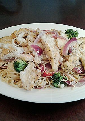 A picture of Chicken Scampi with Broccoli.