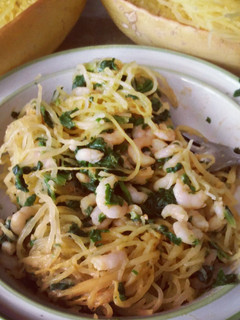 A picture of Shrimp and Spinach Spaghetti Squash in Almond Sauce.