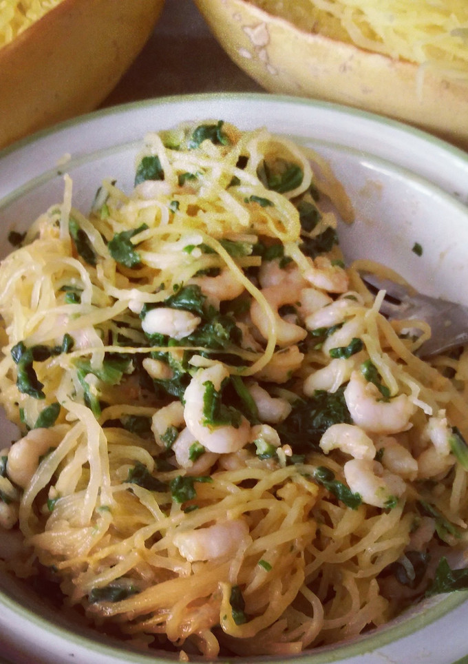 A picture of Shrimp and Spinach Spaghetti Squash in Almond Sauce.