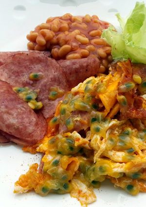 A picture of Ham And Egg With Beans Breakfast.