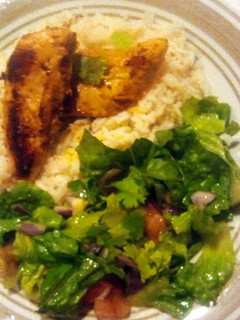 A picture of Middle-eastern Spiced chicken with rice and middle-eastern salad.