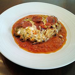 A picture of Angel Hair Filled Roasted Eggplant.