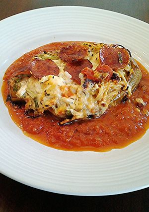 A picture of Angel Hair Filled Roasted Eggplant.