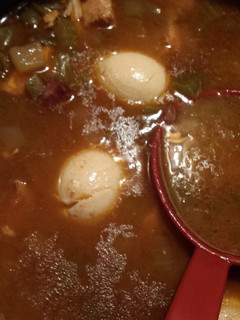 A picture of Chicken and Sausage Gumbo (as taught to me by my FRENCH CAJUN grandma!).
