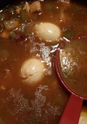 A picture of Chicken and Sausage Gumbo (as taught to me by my FRENCH CAJUN grandma!).