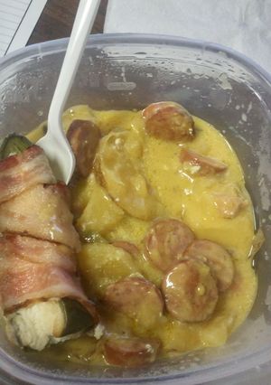 A picture of Potatoes and sausage casserole.